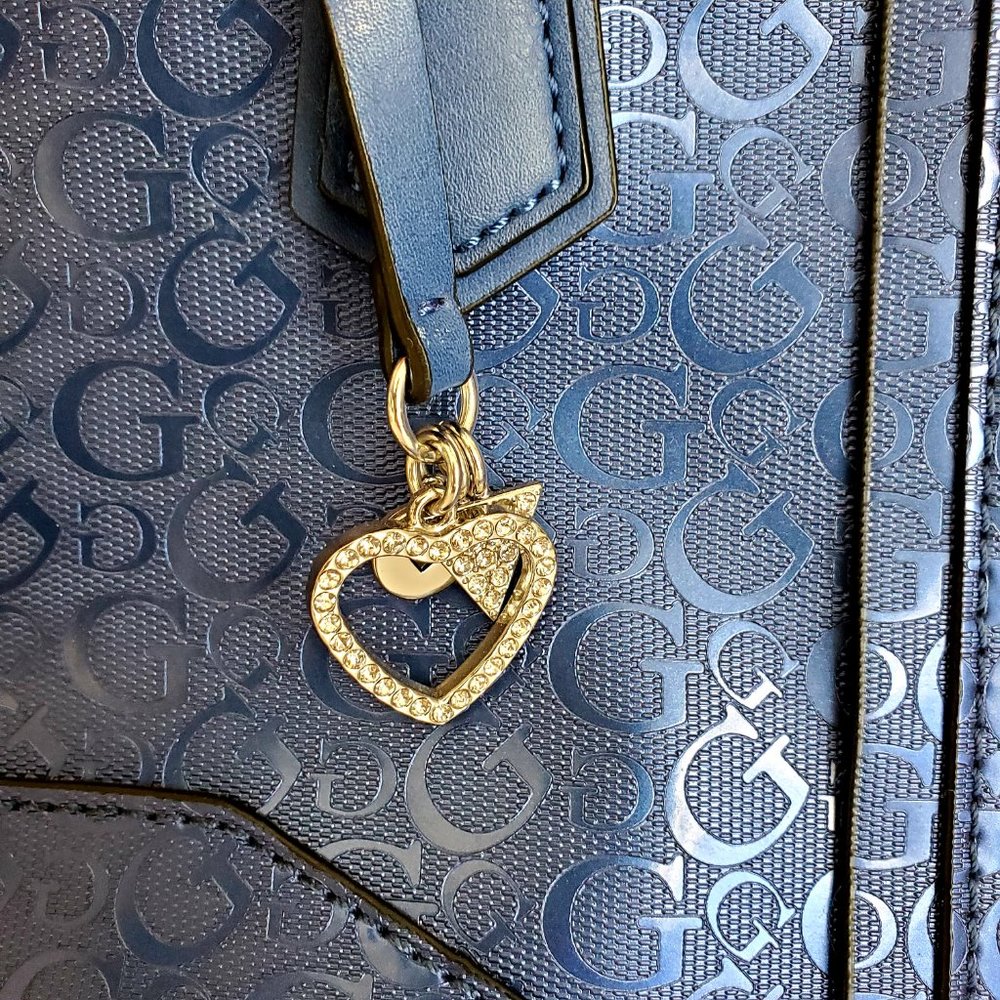 Authentic Classic Y2K GUESS Monogram Tote Cobalt Blue Glossy Silver Accents - Picture 3 of 8